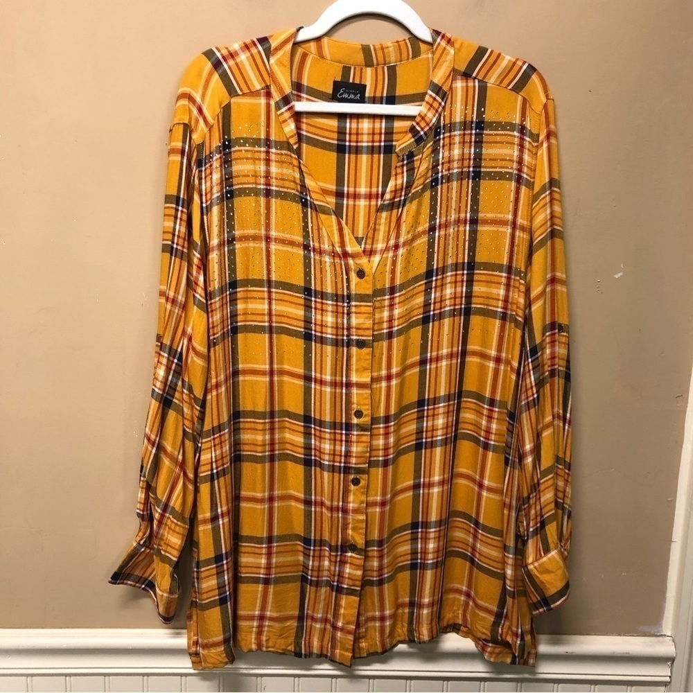 Simply Emma Yellow Plaid Button Front Shirt Size 2X
